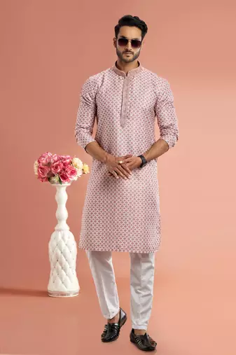 desaturated dark red digital print on cotton fabric with thread work straight kurta churidar for men