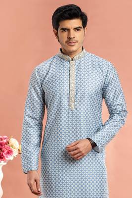 bluedigital print on cotton fabric with thread work straight kurta churidar for men 3