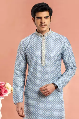 bluedigital print on cotton fabric with thread work straight kurta churidar for men