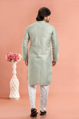 pista green digital print on cotton fabric with thread work straight kurta churidar for men 4