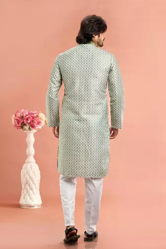 pista green digital print on cotton fabric with thread work straight kurta churidar for men