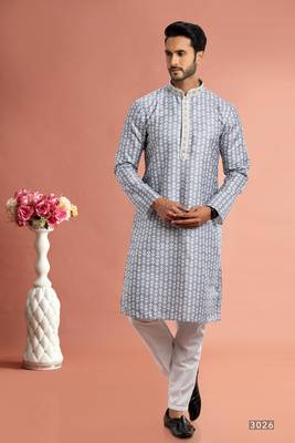 Grey digital print on cotton fabric with thread work straight kurta for men 1