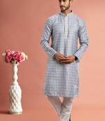 Grey digital print on cotton fabric with thread work straight kurta for men