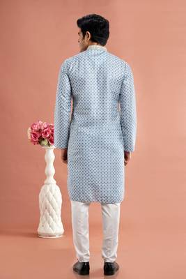 bluedigital print on cotton fabric with thread work straight kurta churidar for men 4