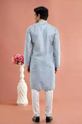 bluedigital print on cotton fabric with thread work straight kurta churidar for men