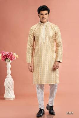 yellow digital print on cotton fabric with thread work straight kurta churidar for men 1