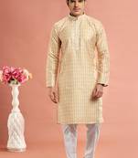 Yellow digital print on cotton fabric with thread work straight kurta for men