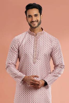 desaturated dark red digital print on cotton fabric with thread work straight kurta churidar for men 3
