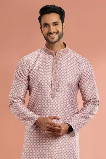 desaturated dark red digital print on cotton fabric with thread work straight kurta churidar for men
