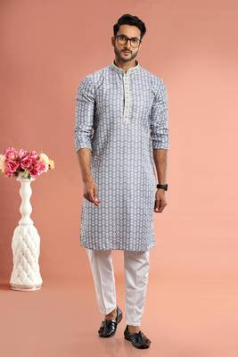 Grey digital print on cotton fabric with thread work straight kurta for men 2