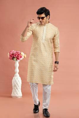 yellow digital print on cotton fabric with thread work straight kurta churidar for men 2