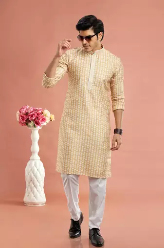yellow digital print on cotton fabric with thread work straight kurta churidar for men