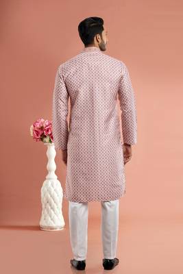 desaturated dark red digital print on cotton fabric with thread work straight kurta churidar for men 4