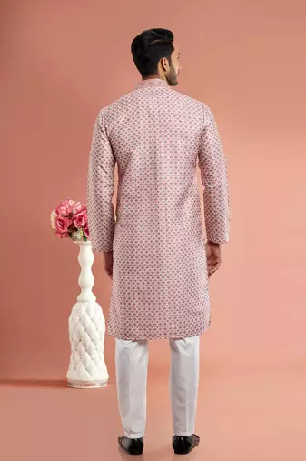 desaturated dark red digital print on cotton fabric with thread work straight kurta churidar for men