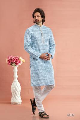 blue  digital print on cotton fabric with thread work straight kurta churidar for men 1