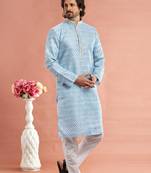blue  digital print on cotton fabric with thread work straight kurta churidar for men