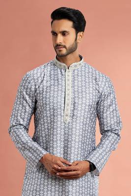 Grey digital print on cotton fabric with thread work straight kurta for men 3