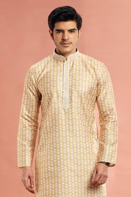 yellow digital print on cotton fabric with thread work straight kurta churidar for men 3