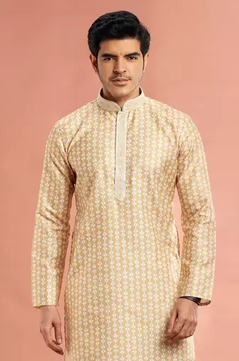 yellow digital print on cotton fabric with thread work straight kurta churidar for men