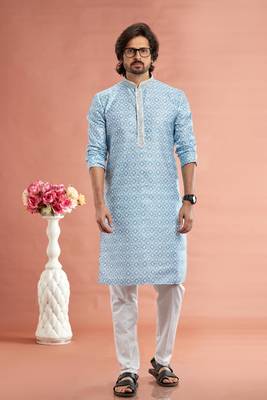 blue  digital print on cotton fabric with thread work straight kurta churidar for men 2
