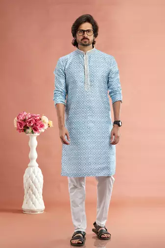 blue  digital print on cotton fabric with thread work straight kurta churidar for men