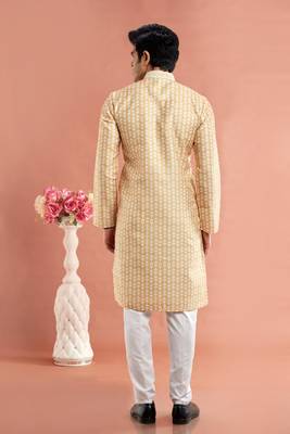 yellow digital print on cotton fabric with thread work straight kurta churidar for men 4