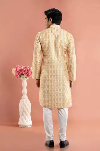 yellow digital print on cotton fabric with thread work straight kurta churidar for men