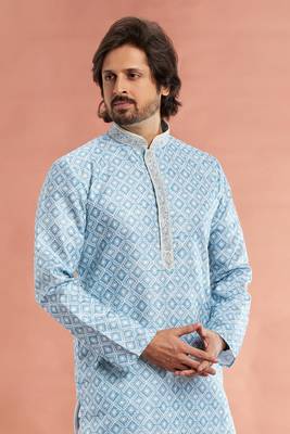 blue  digital print on cotton fabric with thread work straight kurta churidar for men 3