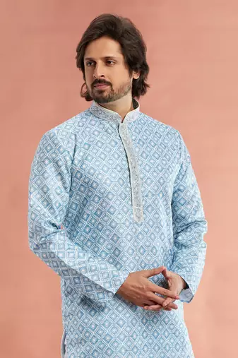 blue  digital print on cotton fabric with thread work straight kurta churidar for men