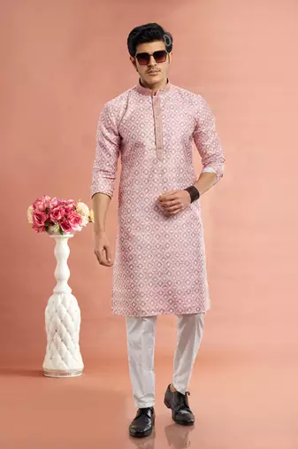 dark moderate reddigital print on cotton fabric with thread work straight kurta churidar for men