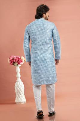 blue  digital print on cotton fabric with thread work straight kurta churidar for men 4