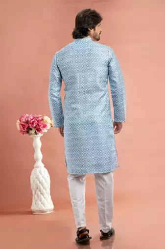 blue  digital print on cotton fabric with thread work straight kurta churidar for men