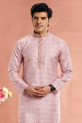 dark moderate reddigital print on cotton fabric with thread work straight kurta churidar for men 3