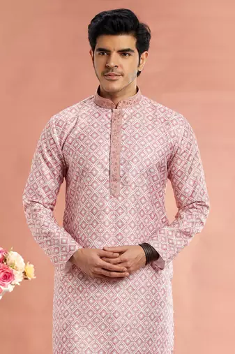dark moderate reddigital print on cotton fabric with thread work straight kurta churidar for men