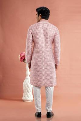 dark moderate reddigital print on cotton fabric with thread work straight kurta churidar for men 4