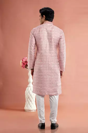 dark moderate reddigital print on cotton fabric with thread work straight kurta churidar for men