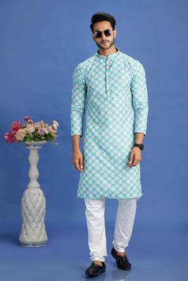 teal gerrn  embroidery cotton fabric with digital print straight kurta churidar for men 1