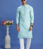 Teal gerrn  embroidery cotton fabric with digital print straight kurta for men