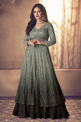 Mud green sequins pure georgette semi-stitch front slit dress with dupatta