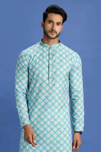 teal gerrn  embroidery cotton fabric with digital print straight kurta churidar for men