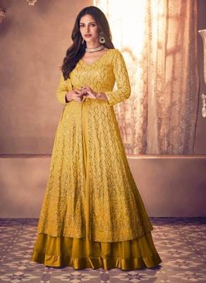Yellow sequins pure georgette semi-stitch front slit dress with dupatta 1