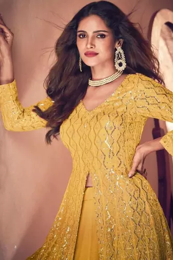 Yellow sequins pure georgette semi-stitch front slit dress with dupatta