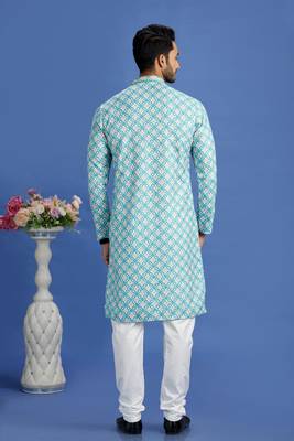 teal gerrn  embroidery cotton fabric with digital print straight kurta churidar for men 3