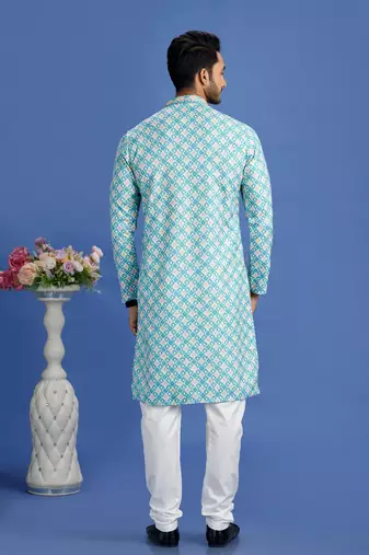 teal gerrn  embroidery cotton fabric with digital print straight kurta churidar for men