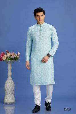 blue embroidery cotton fabric with digital print straight kurta churidar for men 1