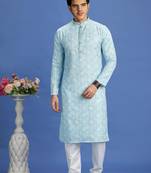 Blue embroidery cotton fabric with digital print straight kurta for men