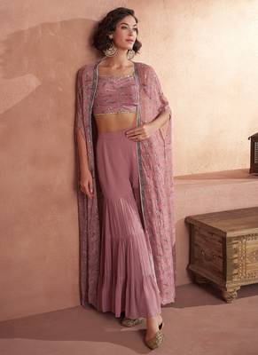 Onion pink sequins embroidery crop top cape style palazzo suit 1