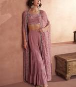 Onion pink sequins embroidery crop top cape style palazzo suit