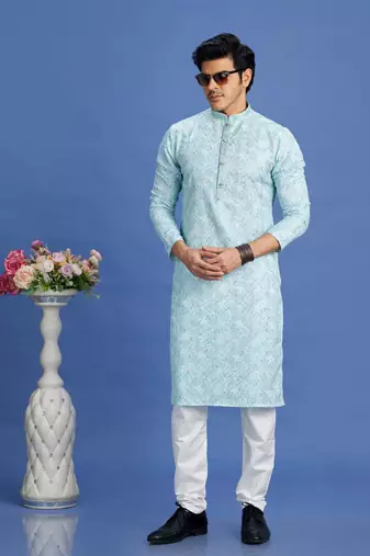 blue embroidery cotton fabric with digital print straight kurta churidar for men