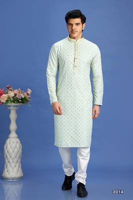 green  embroidery cotton fabric with digital print straight kurta churidar for men 1